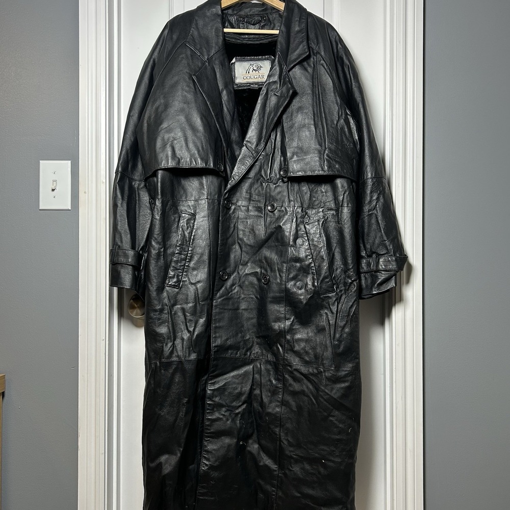 Cougar Vintage 90s Genuine Leather Black Collared Full Length Duster Trench Coat